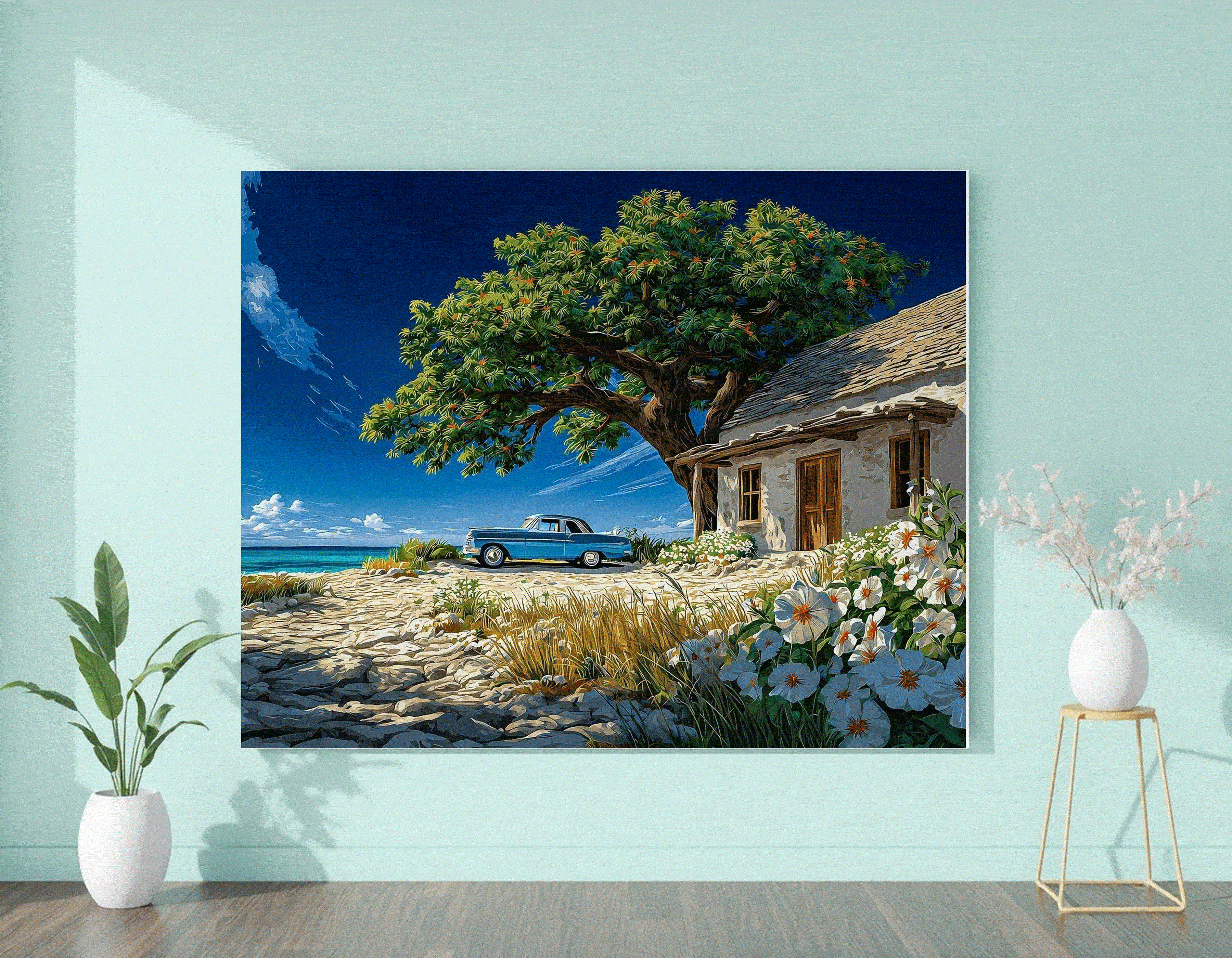 海边小屋风景画