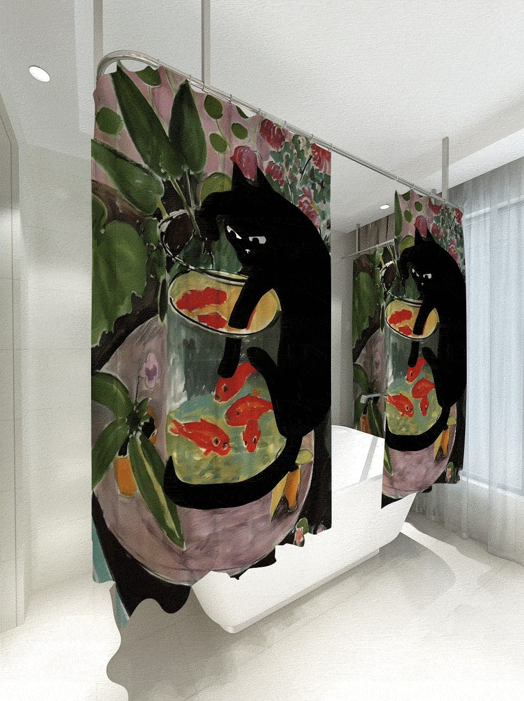 猫咪鱼缸图案浴帘