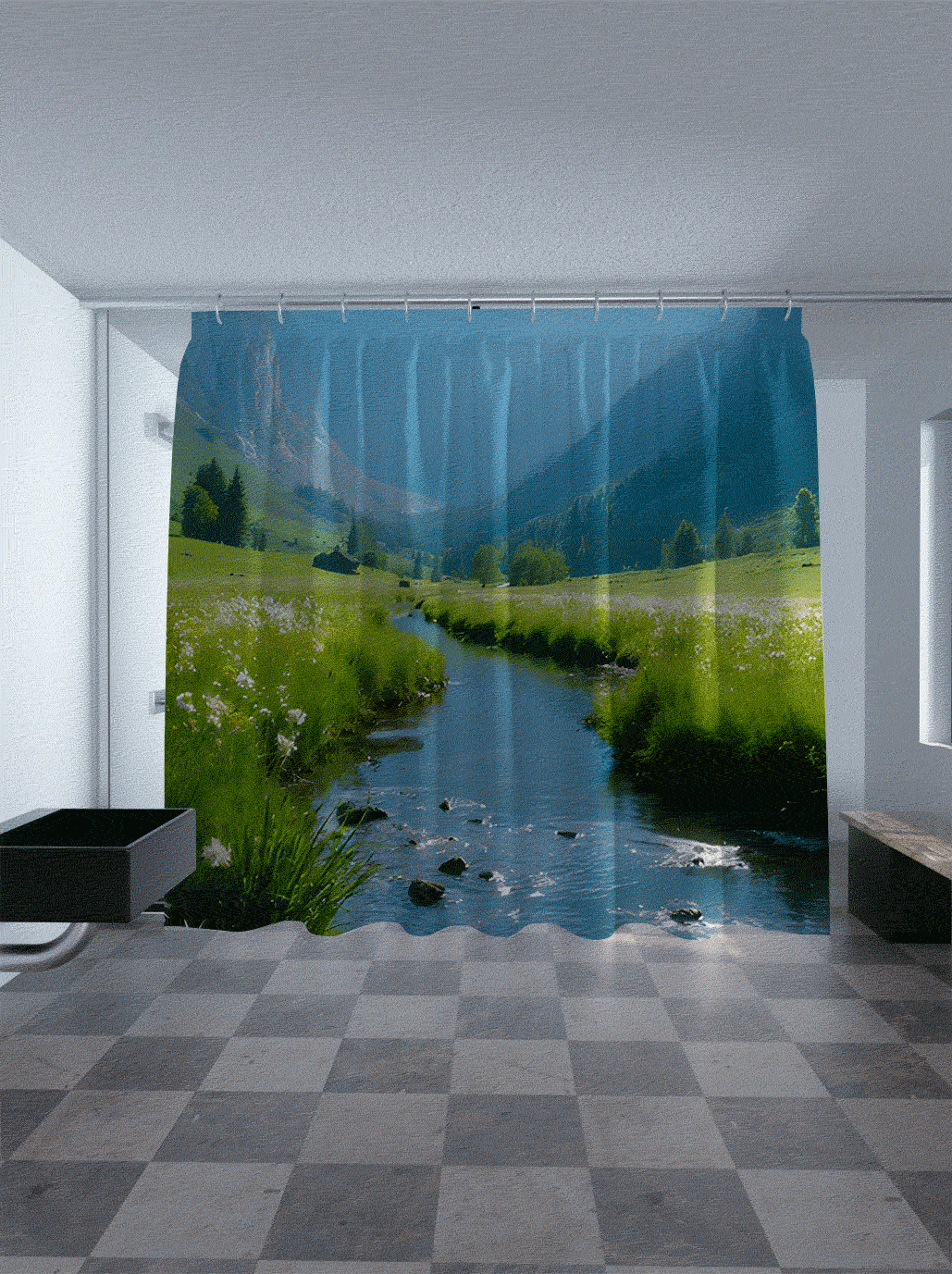 山水风景浴帘
