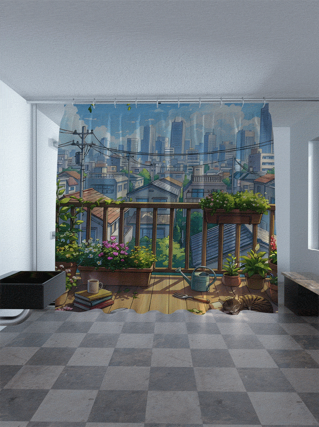 城市阳台风景窗帘