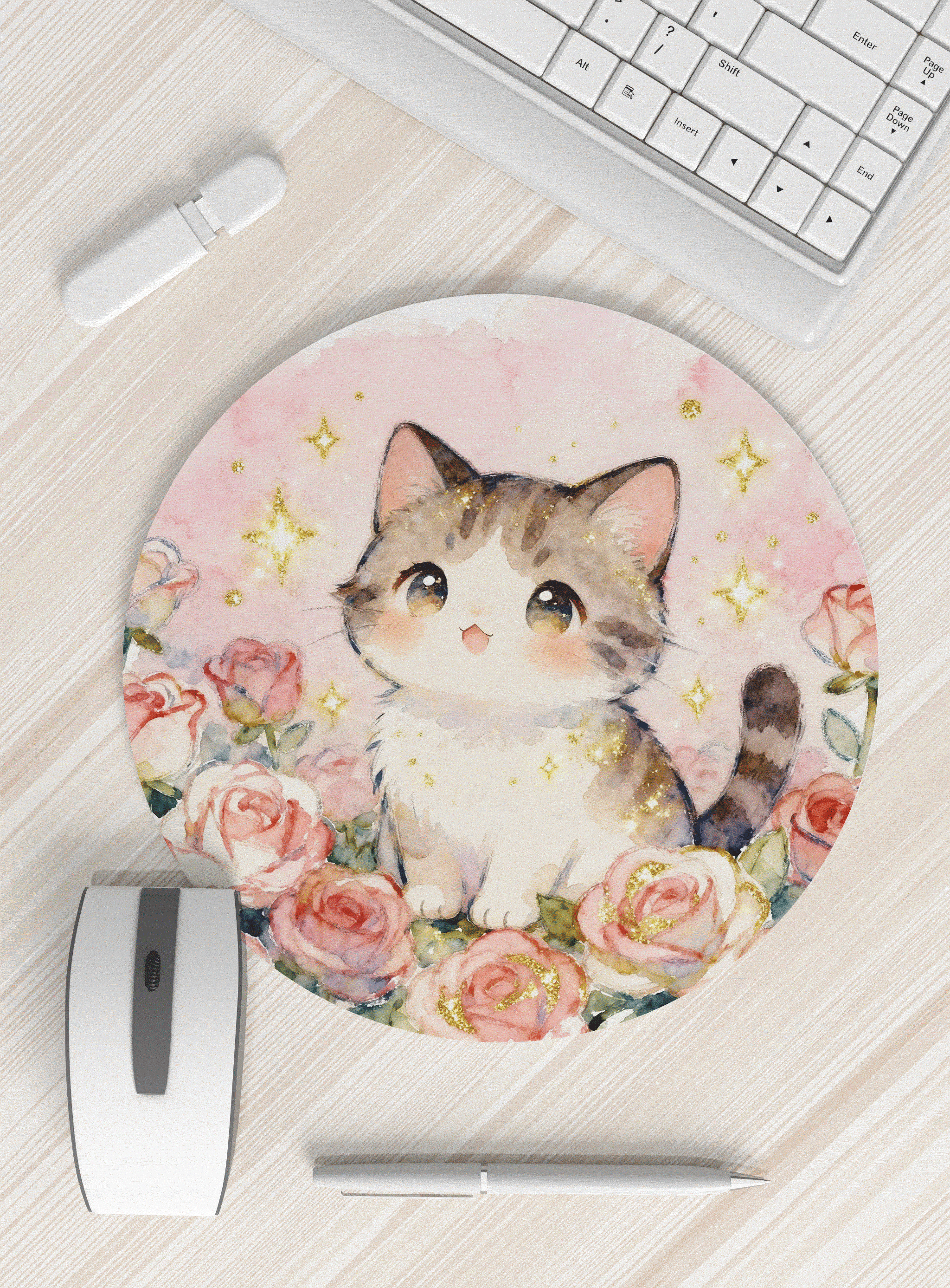 猫咪玫瑰圆形鼠标垫